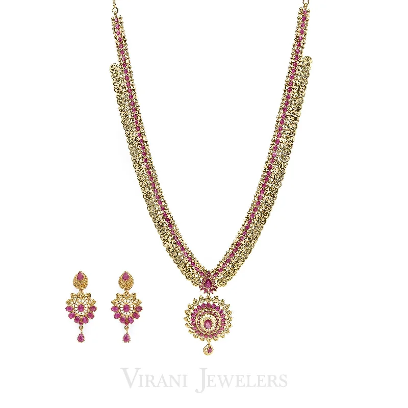 Trendy Choker Necklace-Pink Ruby Vintage Drop Necklace and Earrings Set in 22K Yellow Gold W/ Coin Accents