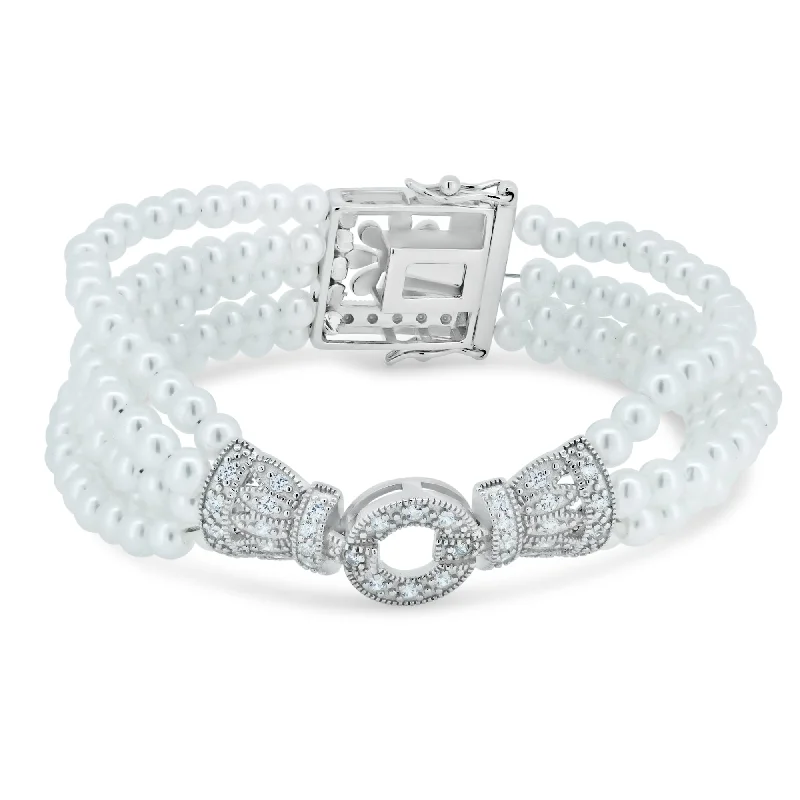 Silver Stackable Bracelets-Silver 925 Rhodium Plated Multi Pearl Strand Clear CZ Square and Flower Bracelet - STB00362