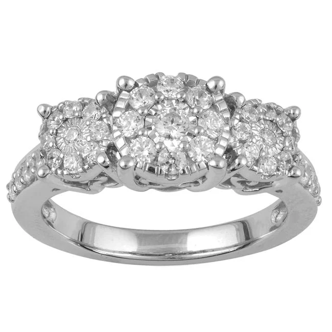 Unique Wedding Band-3/4 CTW Diamond Three Stone Cluster Ring in 10KT White Gold