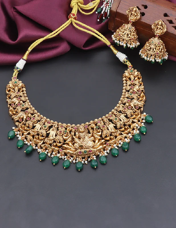 Classic Diamond Necklace-Designer Matt Lakshmi Devi Kempu Necklace Set With Green Beads