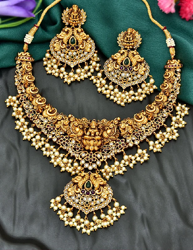 Wedding Necklace for Bride-Antique Lakshmi Devi Design Guttapusalu Necklace Set