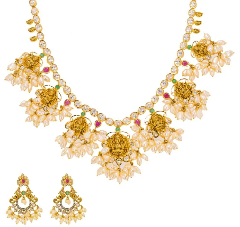 Charm Necklace for Women-22K Yellow Gold Guttapusalu Necklace & Earrings Set W/ Rubies, Emeralds, CZ Gems, Cluster Pearls & Laxmi Accents