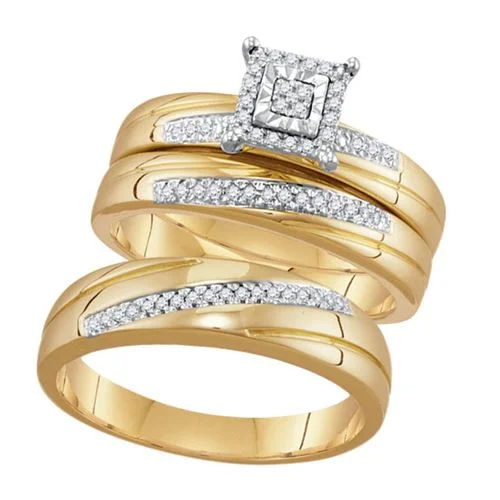 Engagement Ring with Side Stones-1/5 CTW Diamond Halo Wedding Trio Set in 10KT Yellow Gold