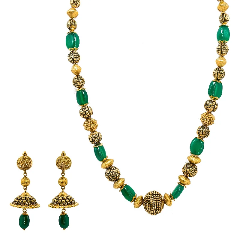 Women’s Elegant Necklace-22K Yellow Gold Necklace & Jhumki Earring Set W/ Emerald & Unique Detailed Gold Beads