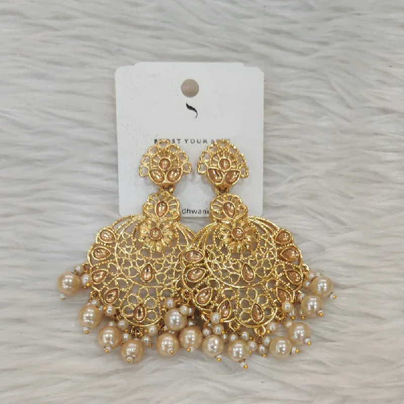 Stud Earrings with Stones-Dhwani Gold Plated Kundan Stone And Pearl Dangler Earrings