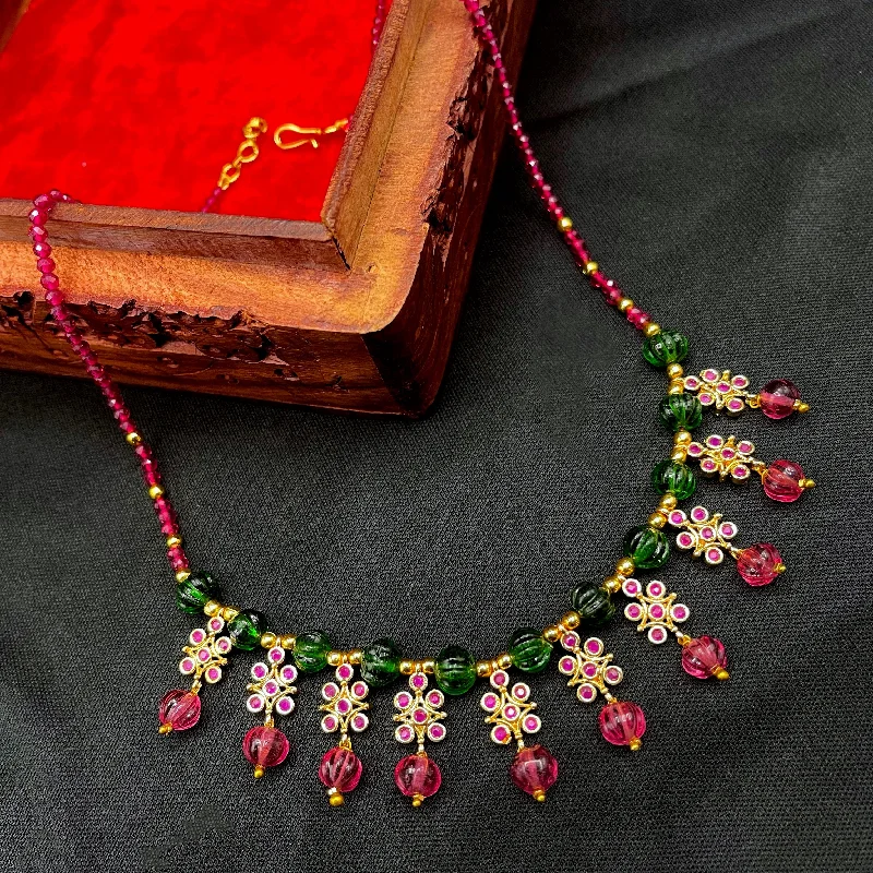 Black Diamond Necklace-Handmade Ruby Pink and Green Pumpikin Beads AD Mala Necklace