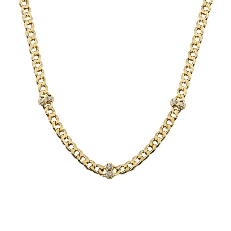 Diamond and Pearl Necklace-Yellow Gold Bezel Diamond Cuban Link Chain Necklace