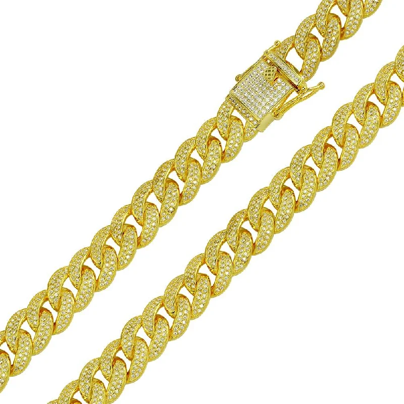 Unique Diamond Bracelet-Gold Plated 925 Sterling Silver CZ Encrusted Curb Chain or Bracelet 11.7mm - CHCZ104 GP