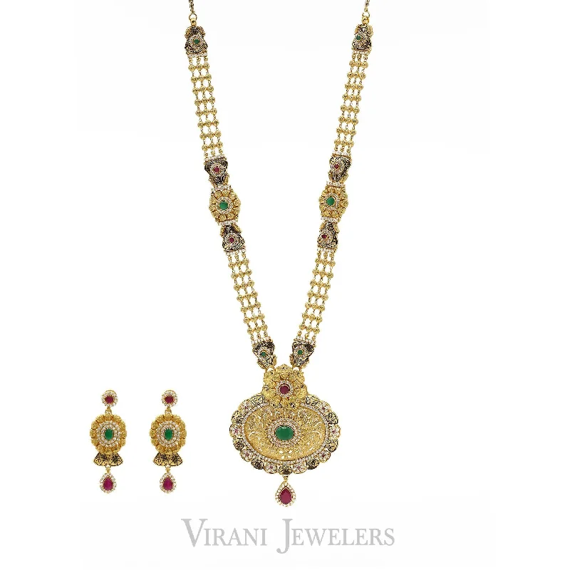 Ethnic Necklace for Women-22K Antique Gold Finish Long Necklace & Earring Set W/ Beaded Accents